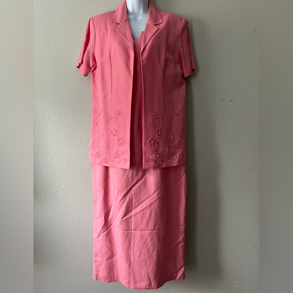 Vintage Floral Linen Blend Embroidered Pink Dress Set